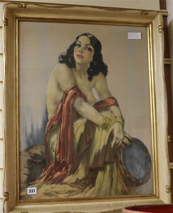 Yves Diey, French colour print of a tambourine girl, 62 x 48cm